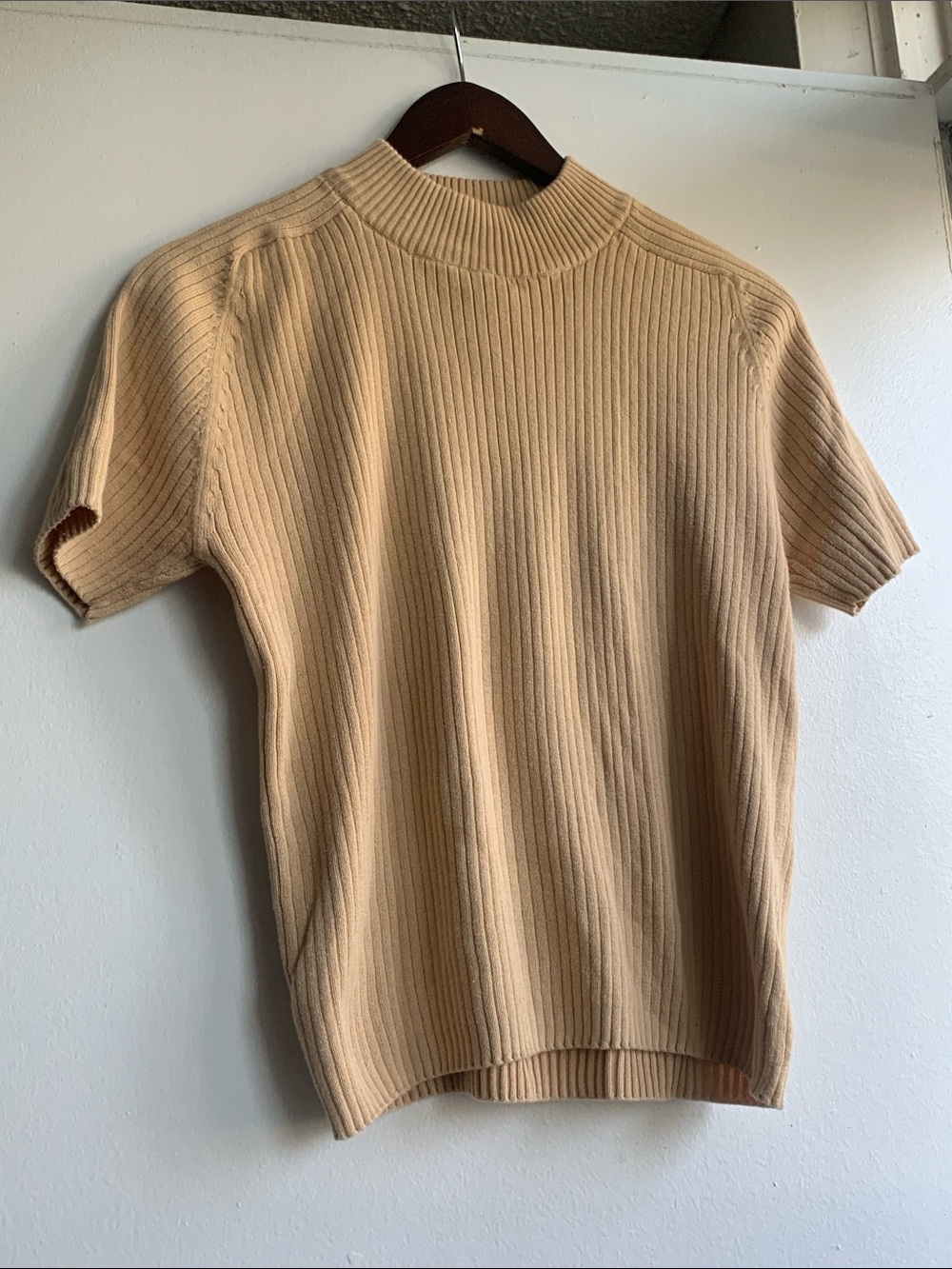 Cotton Ginny Ribbed Short Sleeve Mock Neck Top - Beige